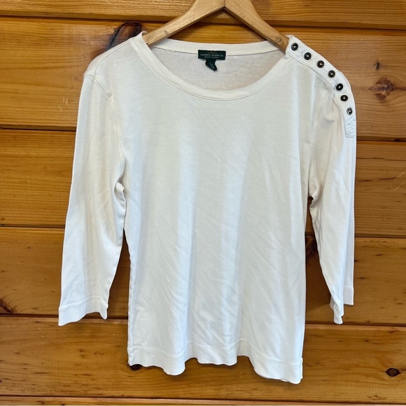 Ralph Lauren Tops - VTG LAUREN RALPH LAUREN Cream 3/4 Sleeve Women's Round Neck Button-Shoulder Top